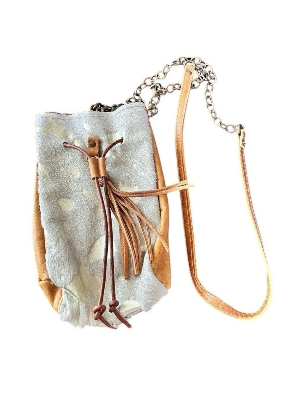 Canoe Cowhide Leather Gold Spots Mini Crossbody Hip Bag Drawstring Tassle NWOT